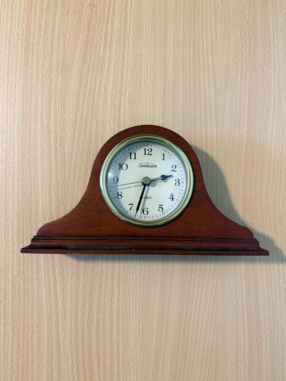 Sunbeam Vintage Wood Mantle Clock Quartz 8in Decor Battery Powered